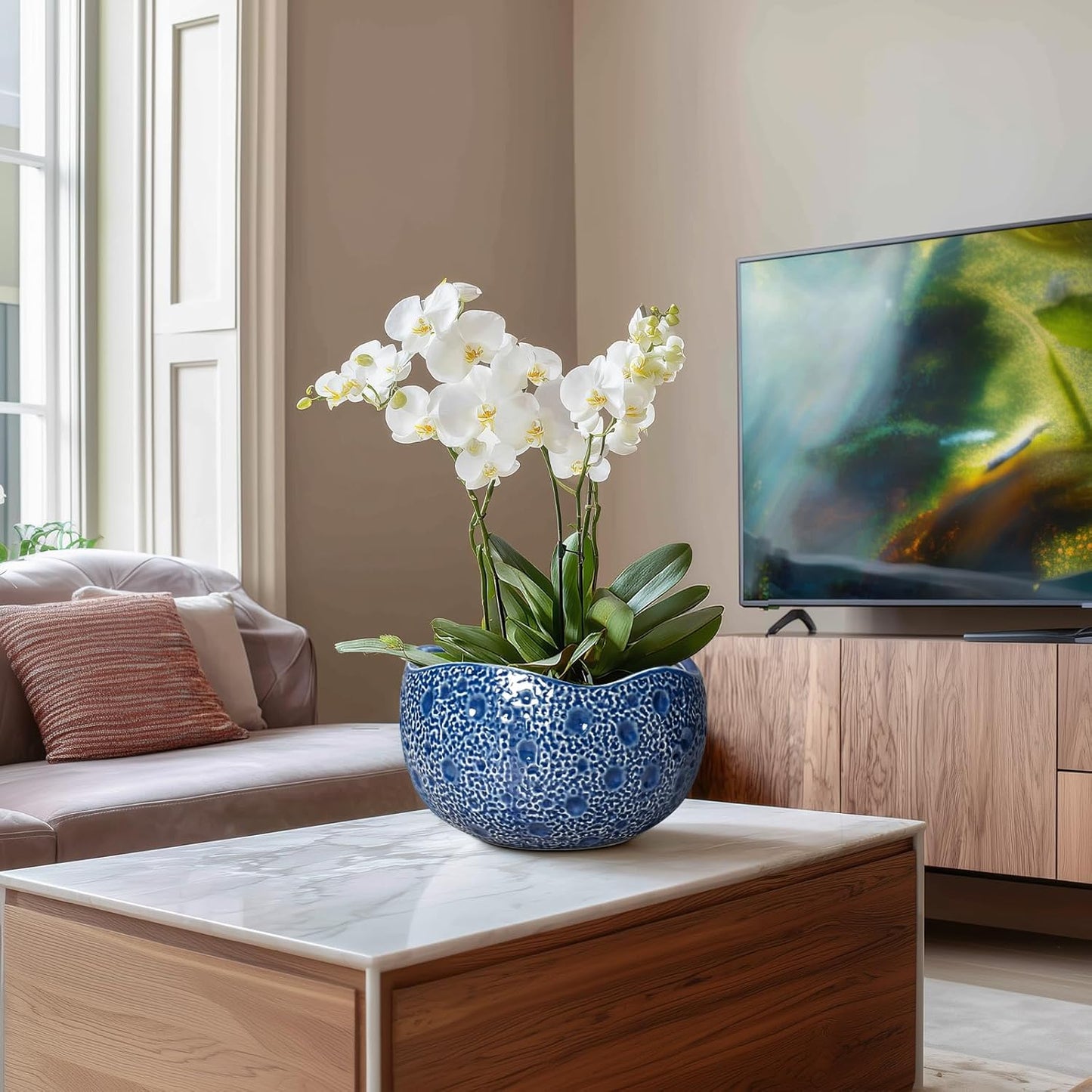 10 Inch Plant Pot - Ceramic Pots for Plants Indoor Outdoor, Round Bonsai Pots with Drainage Hole, Decorative Flower Pot, Modern Unique Planters, House Decor, Housewarming Gifts, Blue