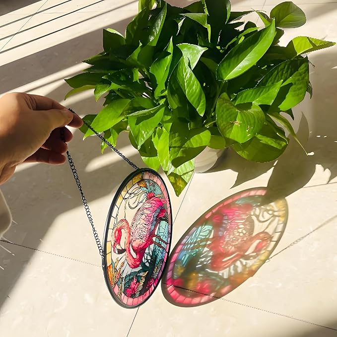 RIVEENY Flamingos Sun Catcher Stained Glass,8" Flamingos Gifts for Women,Stained Glass Window Hanging,Red Birds Sun Catchers for Windows, Hand Painted Glass for Birds Lover