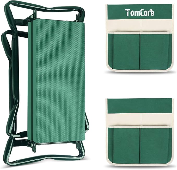 TomCare Upgraded Garden Kneeler Seat Widen Soft Kneeling Pad Garden Stools Garden Bench with 2 Large Tool Pouches Outdoor Foldable Gardening Gifts for Women Men Gardeners, Green