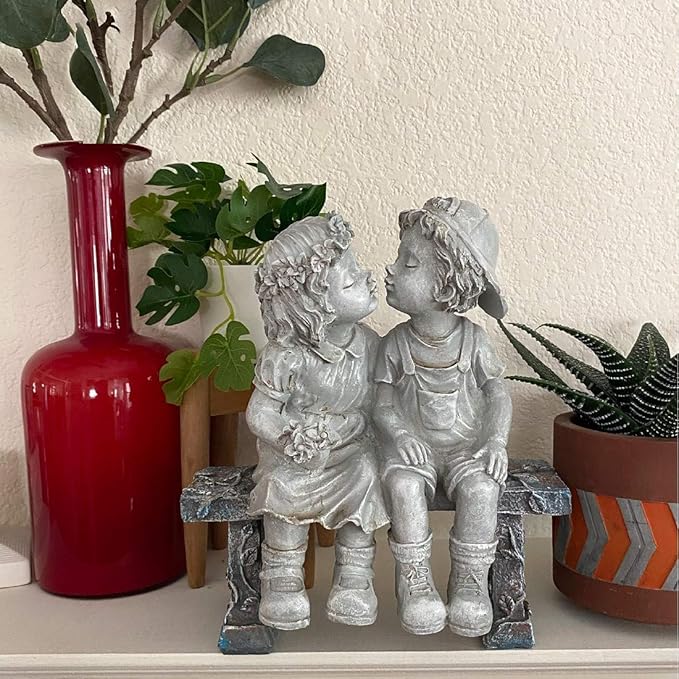 Lily's Home First Kiss Resin Garden Statue, Little Girl and Boy Kissing Yard Miniature Figurine,Small and Exquisite, 9 Inch