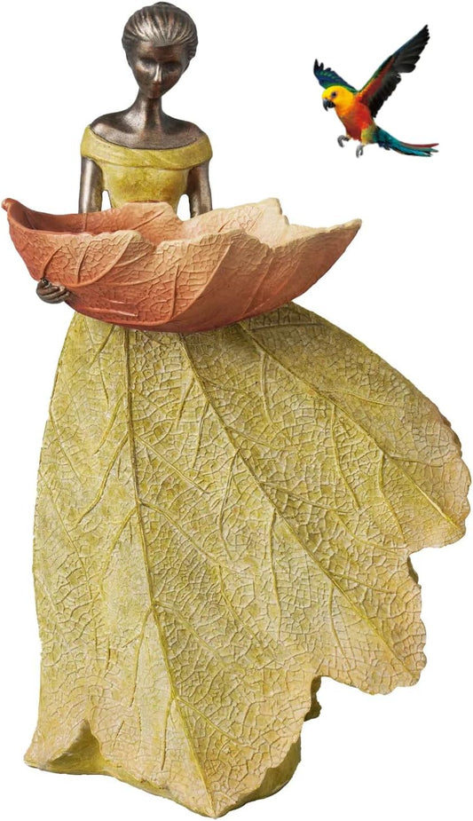 DiliComing Fairy Garden Statue Bird Feeder - 12 Inch Fairy Statue for Home Decoration, Resin Outdoor Statues for Garden Decoration, Best Bird Feeder Gift for Women(Yellow)
