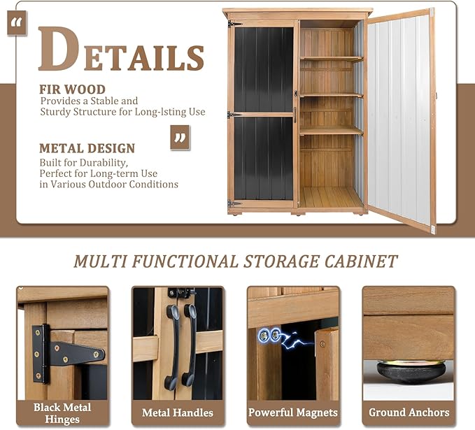 46" L Large Outdoor Storage Cabinet with Shelves, Wood & Metal Storage Shed Weather-Resistant, Outside Storage Cabinet for Garage Patio Backyard Garden with Waterproof Roof