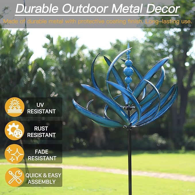 91 inch Wind Spinners Outdoor - Extra Large Outdoor Metal Wind Sculptures Spinners with Stake, Windmills for The Yard Garden, Yard Art Garden Lawn Decor - Blue (27" W x 91" H)