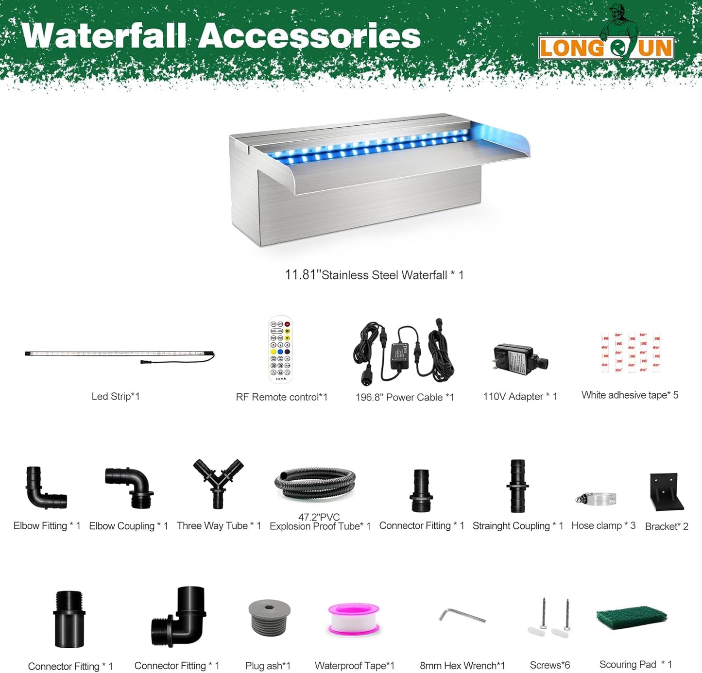 LONGRUN Waterfall Pool Fountain, Updated 5.9'' Wider Open Lip Stainless Steel Waterfall Spillway, Decorative Water Feature for Swimming Pools, Koi Ponds, Spa & Garden - 11.8''