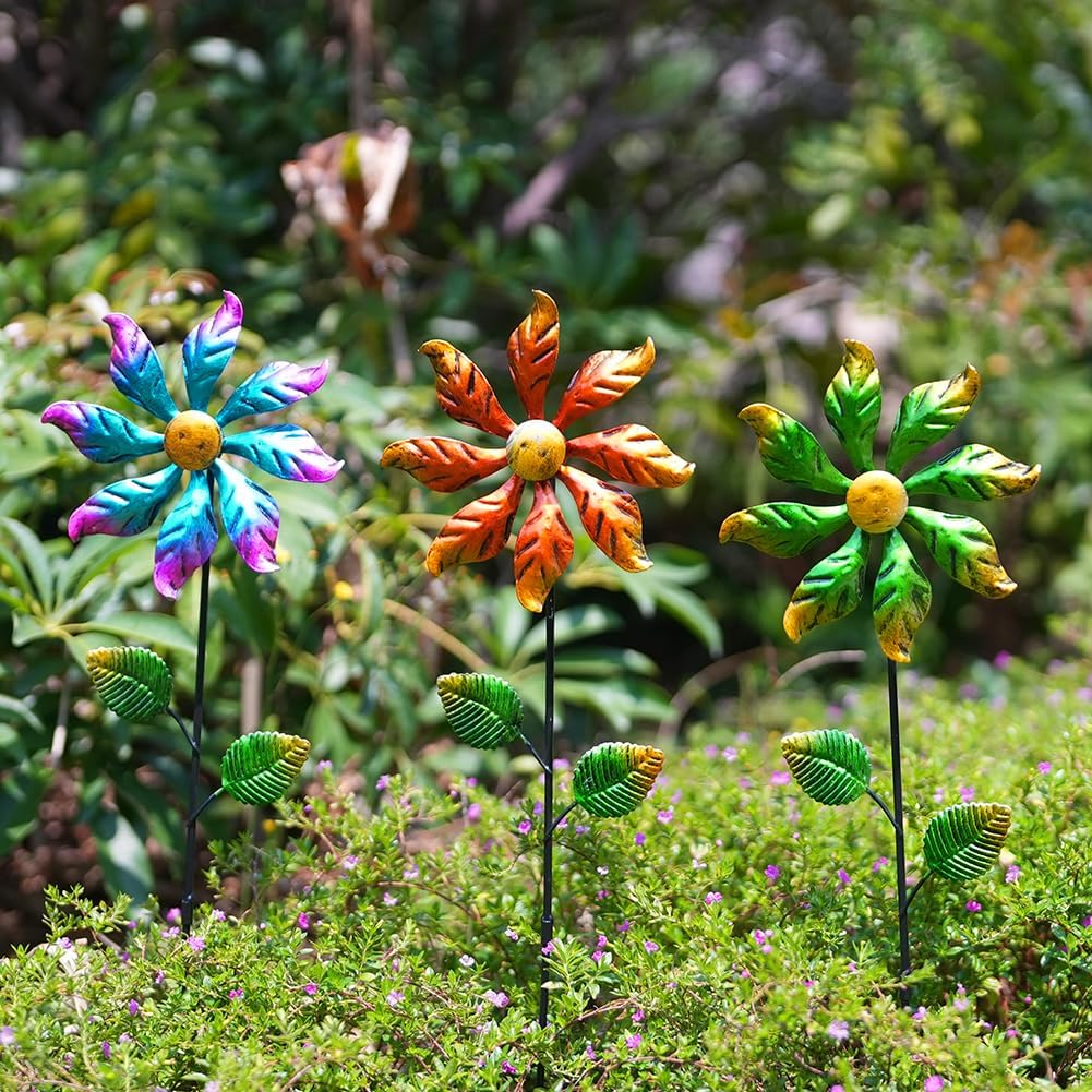 DREAMYSOUL 3 Packs Metal Flowers Wind Spinners Outdoor, Pinwheel Decorative Garden Stakes, Metal Wind Spinner for Yard and Garden Decor