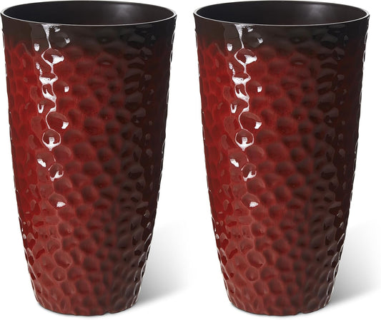 Glitzhome Set of 2 Oversized Plastic Planters for Plants,23.75" H Large PP and Stone Honeycomb Textured Gradient Red Planter Tall Planter Pot with Drainage Hole for Outdoor Front Porch and Patio Deck