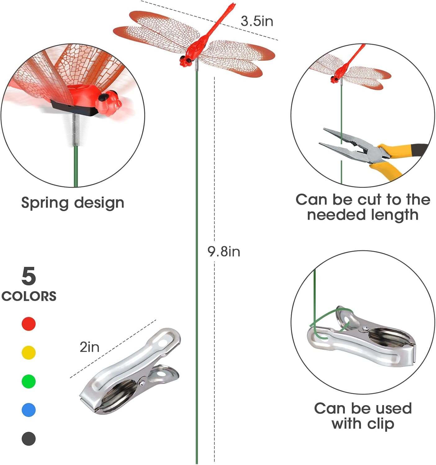 NiHome 15PCS Decorative Dragonflies with 10 Clips Decor for Garden, 9.8" Long Multicolor Waterproof Outdoor & Indoor Use, Versatile Clip-On Plant Decoration, Includes Pliers for Easy Attachment