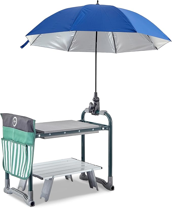 Garden Kneeler Seat Bench, Garden Kneeling Bench & Sunshade Umbrella, Ergonomic Handles, Folding Table, and Potting Mat, 10.2" Foam Knee Seat, Loading Capacity 330lbs - Gardening Gifts for Women, Men