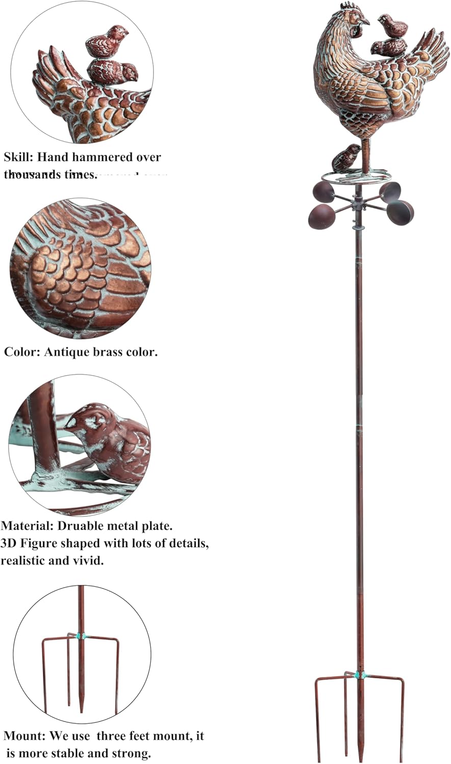 3D Large Metal Hen with Chicks Statue Spinner 79" H Kinetic Garden Chicken Sculpture Decorative Hen Wind Vane Outdoor Yard Art Antique Copper Chicken Garden Stake for Farm Patio Lawn Yard Decor