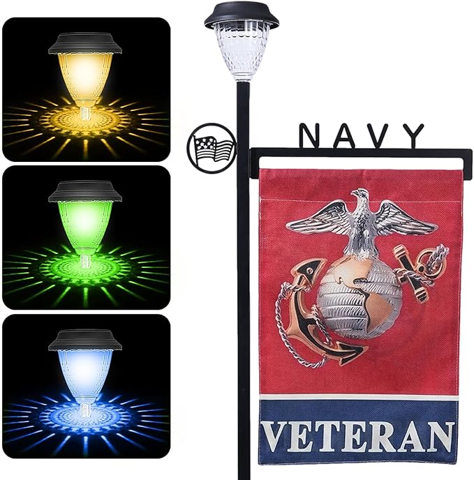 Navy Garden Flag Stand Holder with Solar Light Garden Flag Pole With American Flag Gifts Lawn Yard Flag Holder Stake for Flag Outdoor Lawn Décor
