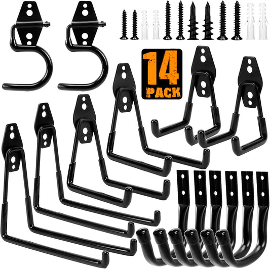 TocTen Garage Hooks, 14 Pack Garage Storage Hook Heavy Duty Solid Steel Wall Hooks, Wall Mount Storage Hook Kit with Anti-Slip Coating Ladder Hooks for Hanging Garden Tools Chair Hose Ropes (Black)