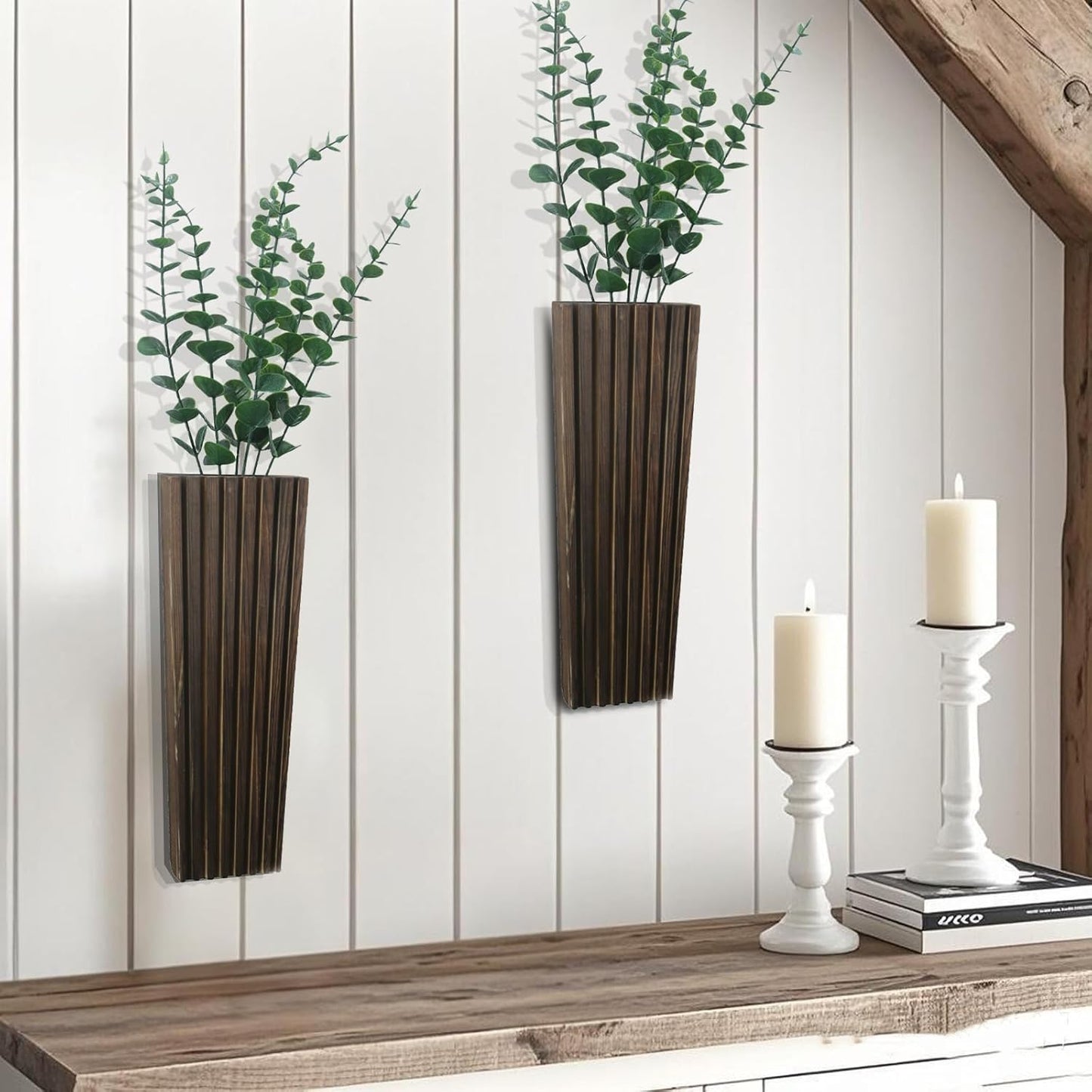 2Pack Brown Wood Wall Planter for Indoor +2Pack Green Plants,Modern Wooden Hanging Planter for Dried Flowers and Plants,Abstract Vase Farmhouse Wood Wall Decor (Brown)