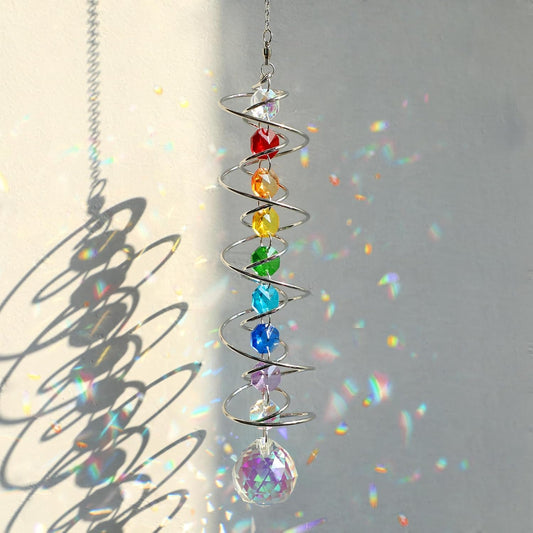 Suncatcher Wind Spinner Gazing Ball Spiral Tail, Crystal Sun Catchers with Seven Chakra Beads Window Hanging for Indoor Home Outdoor Garden Decor Wedding Birthday Party Gifts for Girl Women Mom