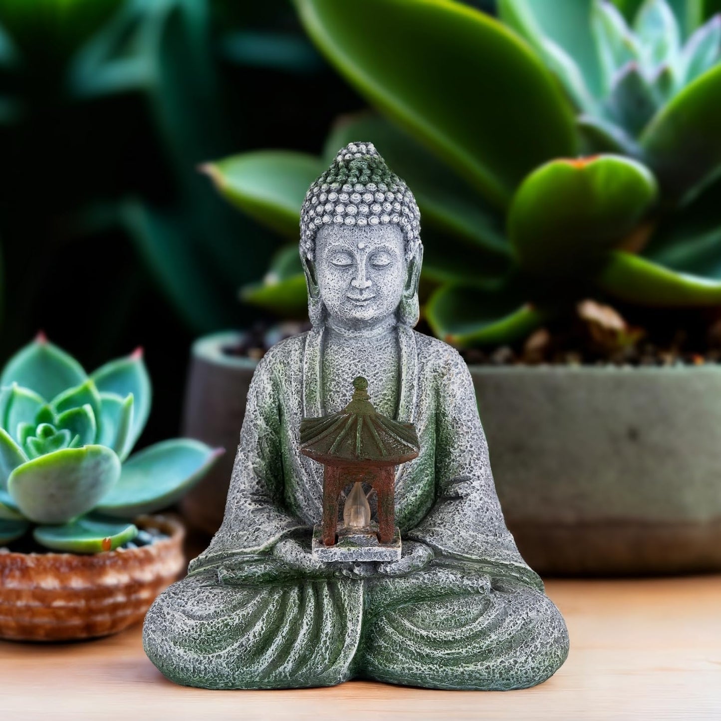 Buddha Garden Statue with Solar Light, Resin Zen Decor for Outdoor Patio or Indoor Meditation, Spiritual Gift for Women and Friends (Grey Pavilion)