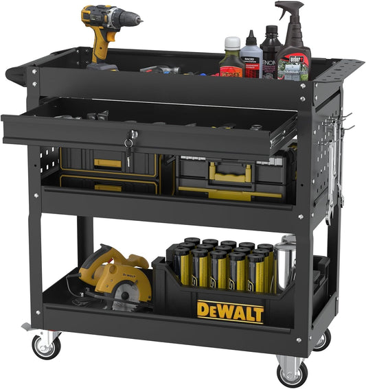 3 Tier Rolling Tool Cart, Heavy Duty Tool Cart on Wheels, Metal Utility Cart with Locked Drawers, Ideal for Garage, Warehouse and Repair Shop (Black)