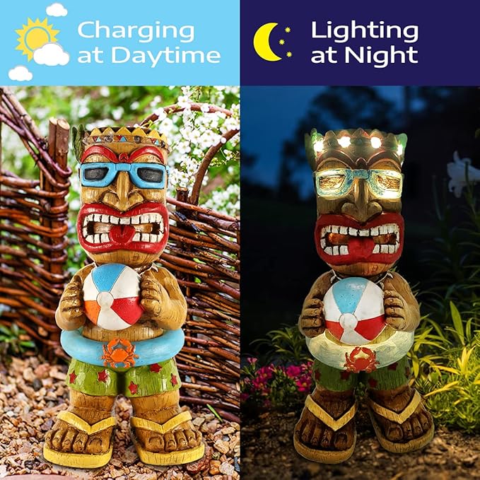 Large Float Tiki Garden Statue,Funny Tiki Decor Figurine with Multi-Color Changing Solar Lights,Hawaiian Tiki Man Outdoor Patio Yard Lawn Bar Party Beach Pool Decoration,Christmas Ornament Gift
