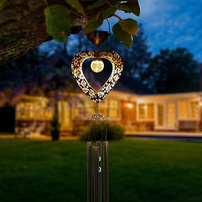 Solar Wind Chimes for Outside Deep Tone Heart LED Crackle Glass Ball LED Decor Light Metal Elegant Hanging Decorations Gifts for Mom Women Yard Porch Birthaday Christmas (Bronze)…