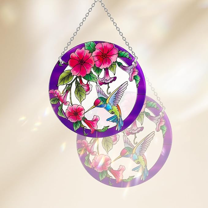 Stained Glass Window Hanging, Hummingbird Gifts for Women, Bird and Flowers Suncatcher for Window, 6" Purple Stained Glass Suncatchers, Hand Painted Glass for Birds Lover (6 inch)