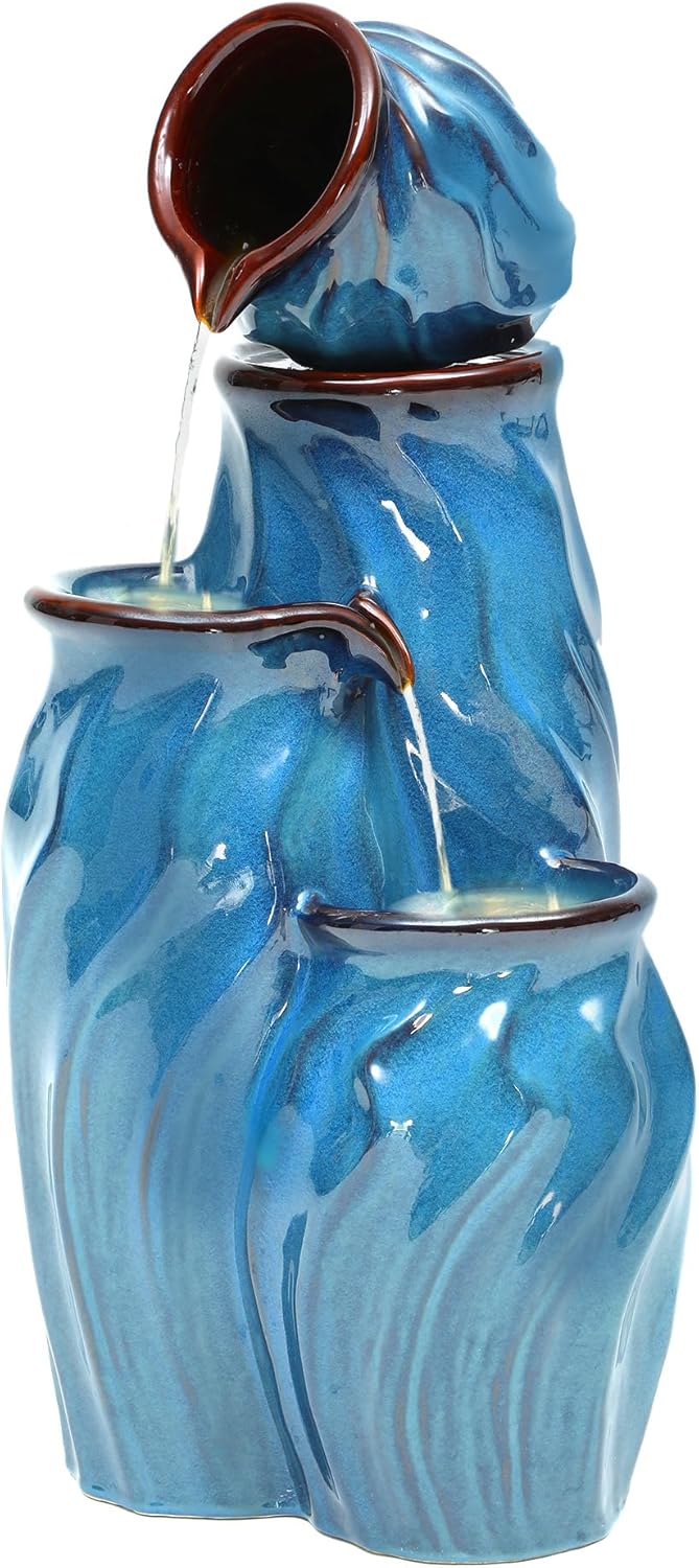 29" Ceramic Outdoor Fountain with Lights, 4-Tier Pots Waterfalls Patio Water Fountain, Tranquil Oasis for Relaxing Garden, Yard, or Porch Decor, Turquoise, Dynamic Wave-Texture