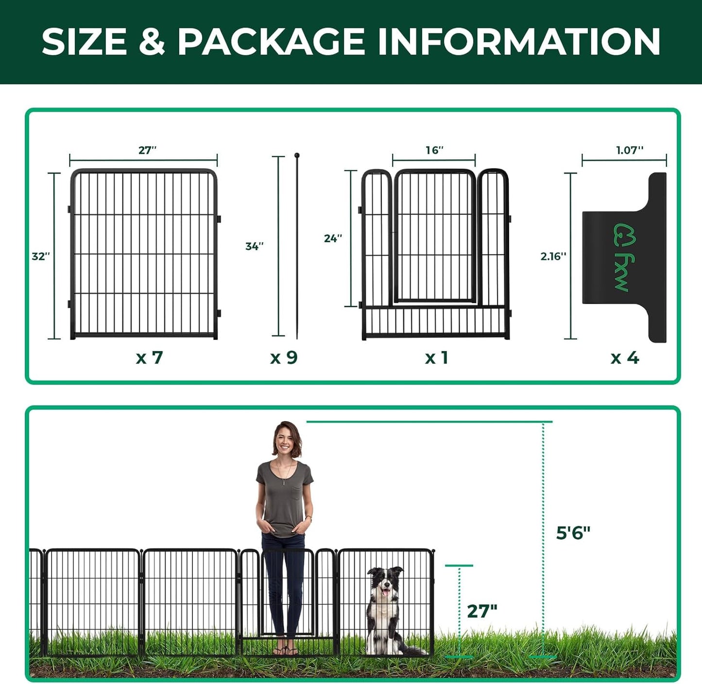 FXW Garden Fence Outdoor for The Yard – 32in(H) x 18.2ft(L) Heavy Duty Metal Animal Barrier for Dog and Rabbit, Decorative Dog Fence with Fence-to-Wall Anchor (Pack of 4), 8 Panels, Black