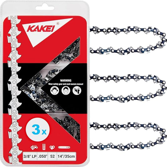 KAKEI 14 Inch Chainsaw Chain 3/8" LP Pitch .050" Gauge 52 Drive Links Fits Husqvarna 120, Echo CS-310, Ryobi RY3714 and More- S52 (3 Chains) - Semi Chisel