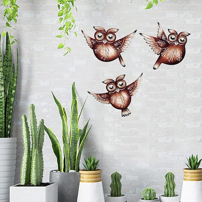 EiGreen Metal Owl Wall Art Decor, Metal Colorful Birds 3D Outdoor Wall decoration,Hanging Ornaments Hand-made cute owl Wall Art Fence Decorations for Living Room Patio Balcony (owl)