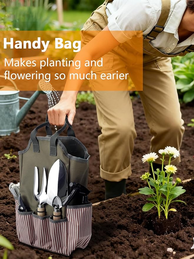 Gardening Tools Set 11 PCS, Heavy Duty Stainless Steel Garden Tool Kit with Large Garden Tote Bag & Apron, Durable, Ergonomic Hand Tool, Ideal Gardening Gift for Women, Men, Mom, Dad
