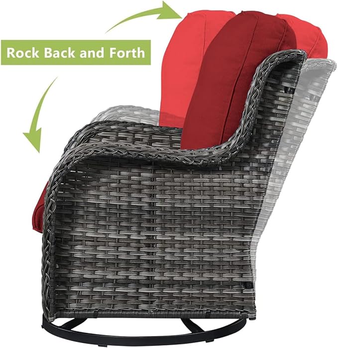 HUMMUH Outdoor Swivel Rocker Wicker Patio Chairs Set of 2, Rattan Rocking Chair Furniture Set(Grey,Red)