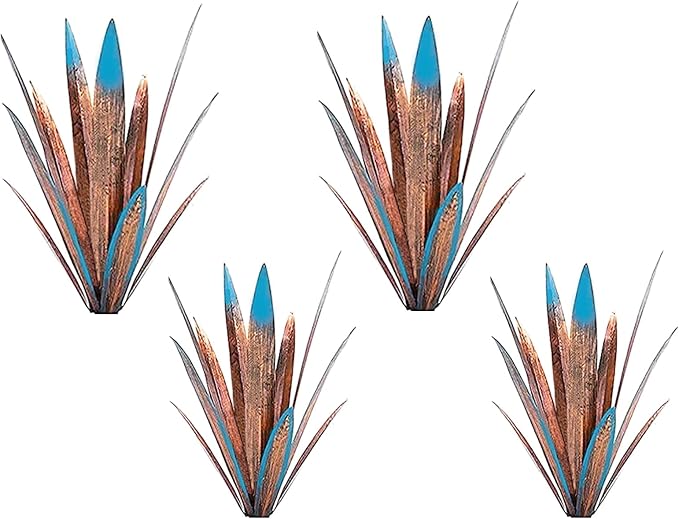 Jesokiibo Tequila Rustic Sculpture DIY Metal Agave Plant Home Decor Rustic Hand Painted Metal Agave Garden Ornaments Outdoor Decor Figurines Home Yard Decorations Stakes Lawn Ornaments (Blue 4PCS)