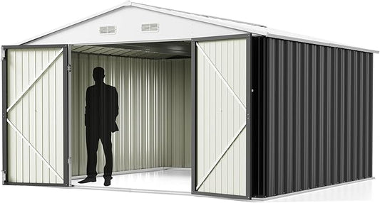 Greesum 10x10FT Outdoor Storage Shed, Utility Tool Shed Metal Storage Shed with Door & Lock for Patio Storage, Garden, Lawn, Gray