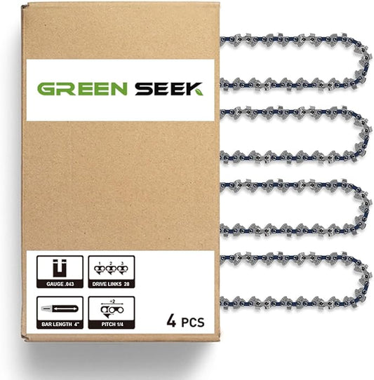 4-Inch Micro Chainsaw Chain 4-Pack – 1/4" Pitch, .043" Gauge, 28 Drive Links, Semi-Chisel Replacement Chain for Ultra-Compact Pruning Saw & Precision Bonsai Trimmer