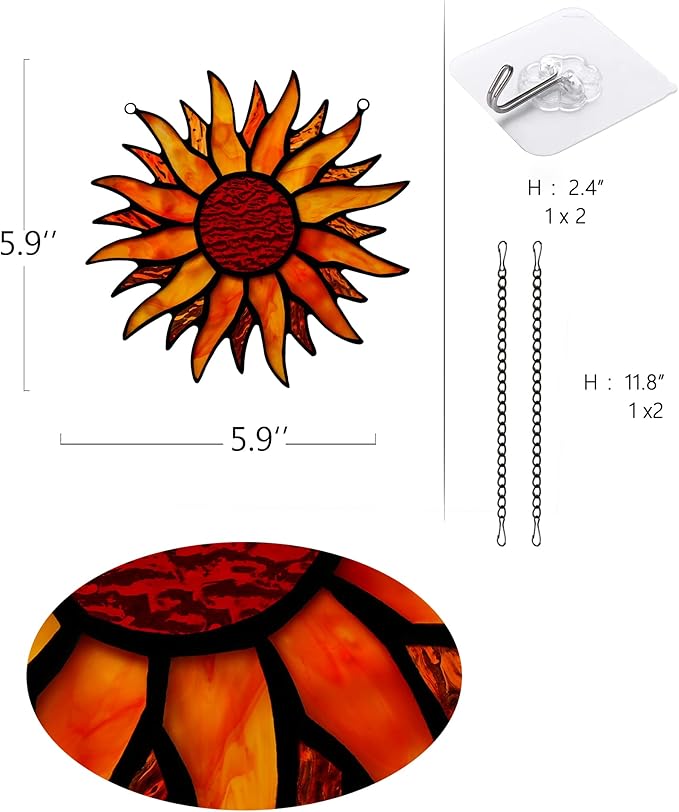 BOXCASA Sun Stained Glass Window Hangings,Tiffany Style Red Sun Suncatcher,Handcrafted Stained Glass Sun Decor for Window,Home Decorations for Window Living Room Bedroom Balcony Kitchen