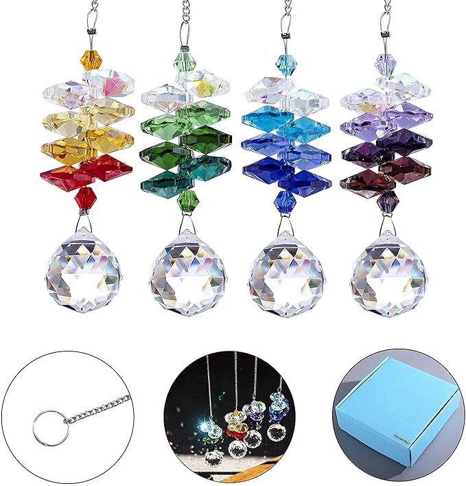 4PCS Crystal Hanging Sun Catchers for Window Indoor Rainbow Maker Suncatchers Crystals Ball Prism Chakra Octagon Bead Decor for Home Garden