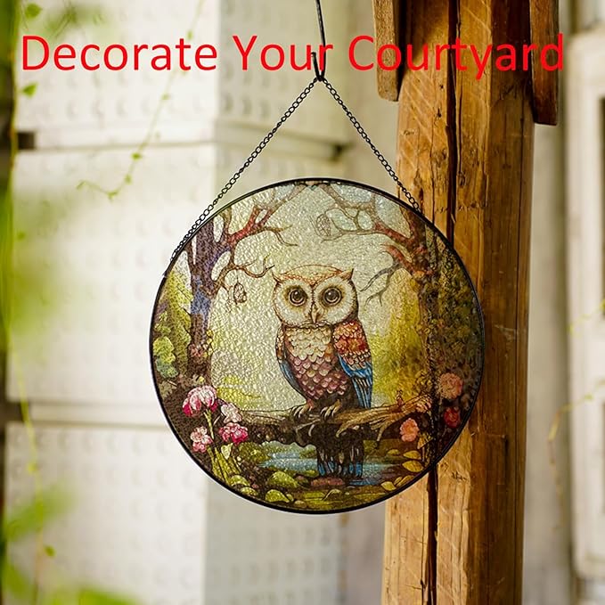 Hanging Stained Glass for Windows,20cm/7.87inch Owl Suncatcher Stained Glass Garden Hangings Ornaments Mother's Day Valentine's Day Halloween Fall Christmas Decor for Home (A Style)