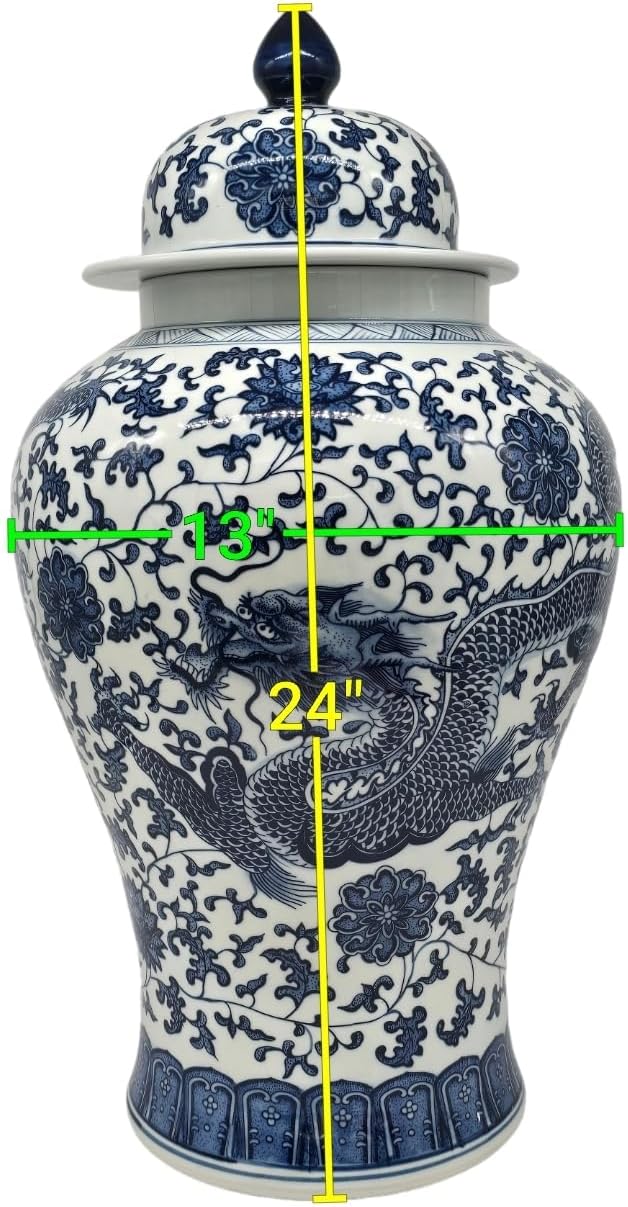 24" Classic Blue and White Dragon Porcelain Ceramic Temple Ginger Jar Vase, Large China Qing Style (Dragon)