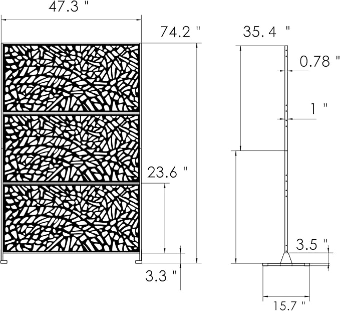 Kozyard Metal Privacy Screen 74" H x 47.2" W Decorative Outdoor Divider with Stand Panels Freestanding Screen Set for Deck Patio Balcony Garden Outdoor&Indoor(Black/Organic Fracture)