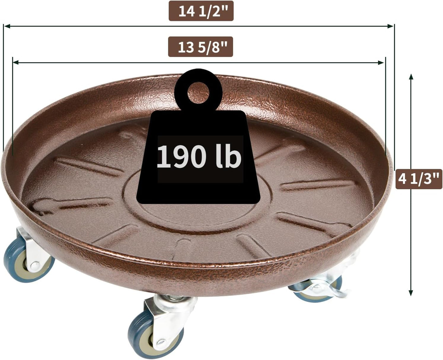 Heavy Duty Plant Caddy with Solid Rubber Wheels, Lockable, Increased Load Capacity, One-Minute Installation, Suitable for Indoor, Outdoor, Patio, Garden Settings, 14 Inches 3PACK, Brown