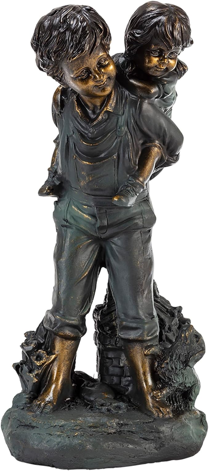 Alpine Corporation 16" Tall Indoor/Outdoor Patina Finish Piggyback Kids Yard Statue Decoration