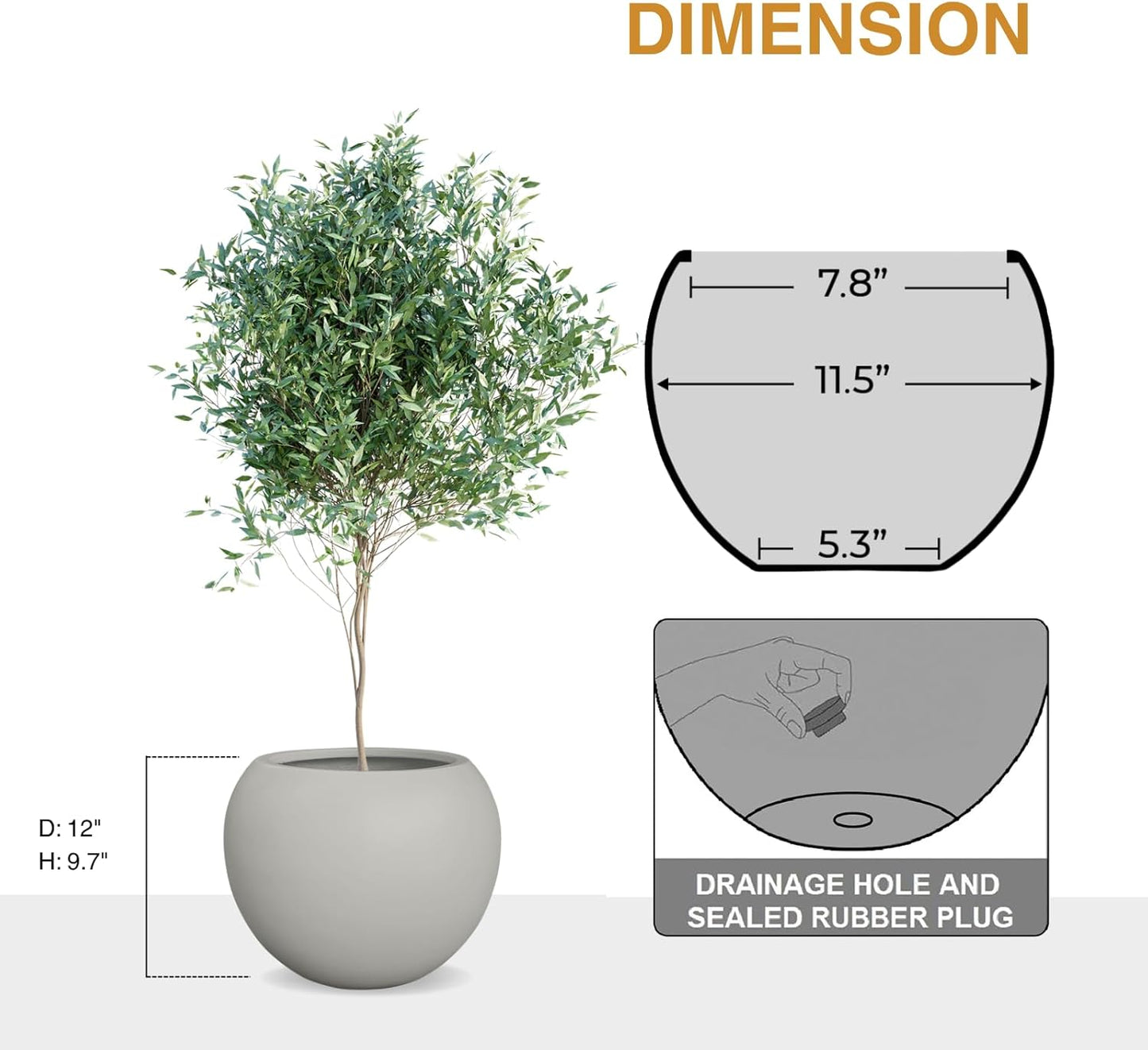 Globo Large Fiberstone Plant Pot, Large Planters for Indoor Plants, Outdoor Planters for Porch (Light French Gray, 12" D x 9.7" H)