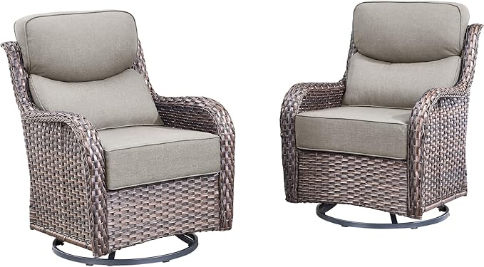 Rilyson Patio Outdoor Swivel Rocker Chairs Set of 2, Waterproof Wicker, High Back, Deep Seating, Wide Armrest, Upgraded 6 inch Thick Cushions, Ideal for Deck Porch Backyard, Brown/Beige