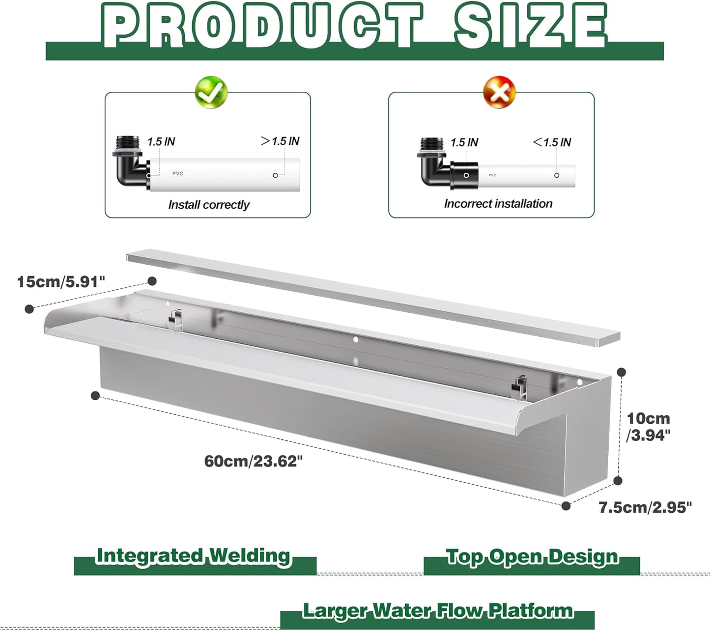 Waterfall Pool Fountain LONGRUNNEW 304 Stainless Steel 23.6" Rectangular Waterfall Spillway, Water Fall Fountain with Pipe Connector for Garden Outdoor, Swimming Pools, Fountains, Pond and Spa