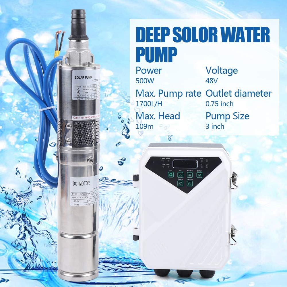 Solar Water Pump, 48V 500W 3In DC Submersible Pump Stainless Steel Deep Well Pump Irrigation Kits with MTTP Controller Float Switch for Home Industry, Garden Irrigation, Farm Ponds
