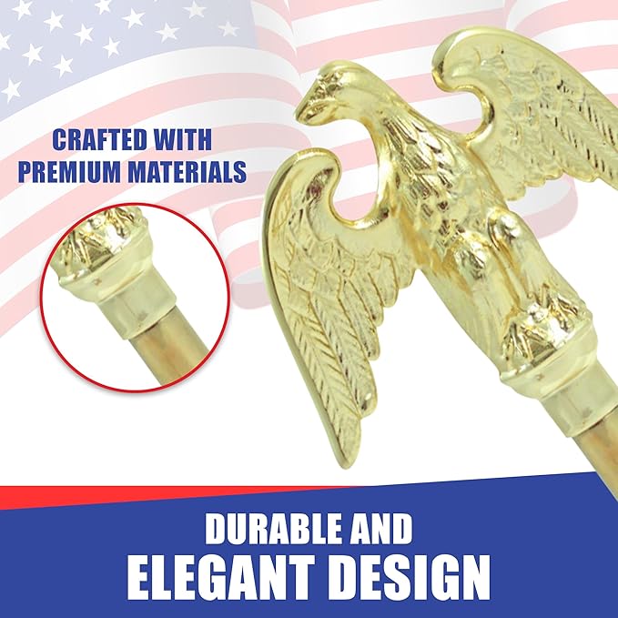 Super Tough Indoor Flag Pole kit 9ft - Metal Eagle - Gold Texture Base - Aluminum Flagpole with Brass Finish - Heavy Duty Inside House Flagstaff - Interior Shaft and Stand - No Ensign Included