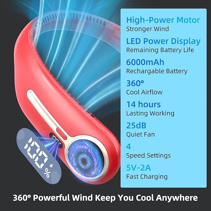 Portable Neck Fan,Hands Free Personal Wearable Bladeless Fan,6000mAh USB Rechargeable,360° Cooling,LED Display,4-Speeds,Birthday Gifts for Men Women Dad Mom,Stocking Stuffers Christmas Gifts (Red)