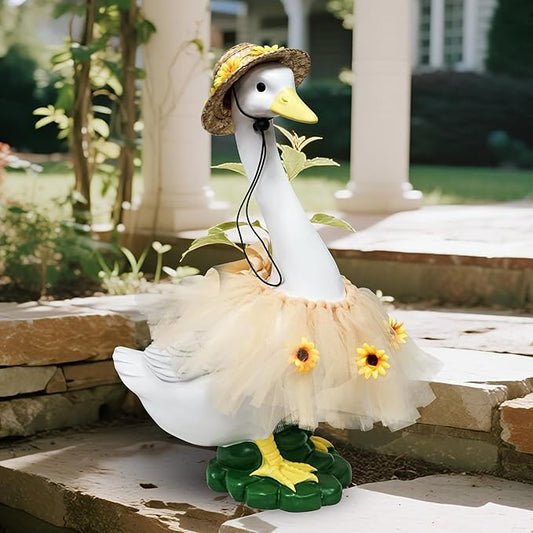 Goose Statue with Summer Sunflower Outfit Set - 20″ Goose Birthday Decor, Funny Ducks Yard Garden Outdoor Decor, Resin Animal Sculptural Patio Yard Ornament, Gifts for Women/Grandma