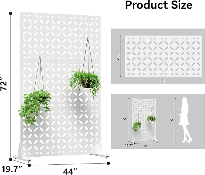 Metal Privacy Screen for Outdoor Freestanding Privacy Screens, 72" H x 44" W White Metal Fence Panels with Stand, Patio Divider Screens for Outside Deck Balcony Garden and Indoor