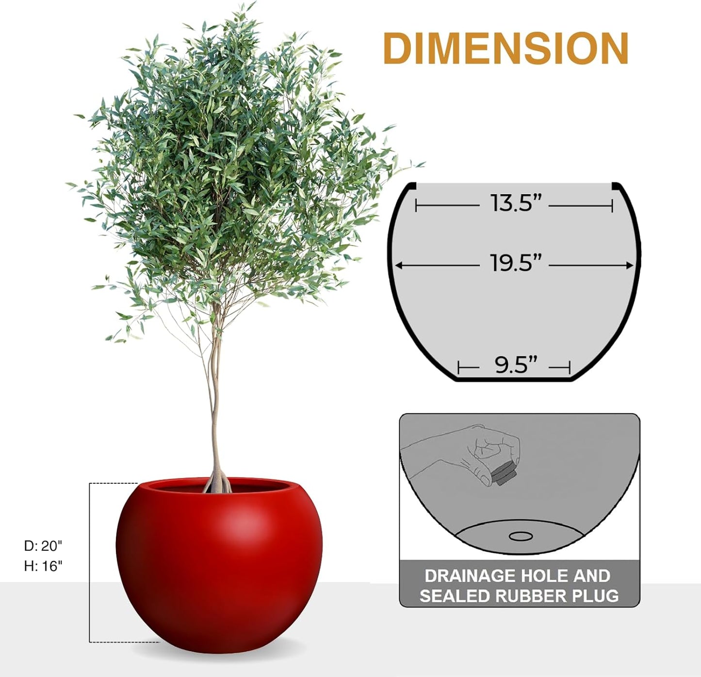 Globo Large Fiberstone Plant Pot, Large Planters for Indoor Plants, Outdoor Planters for Porch (Red, 20" D x 16" H)