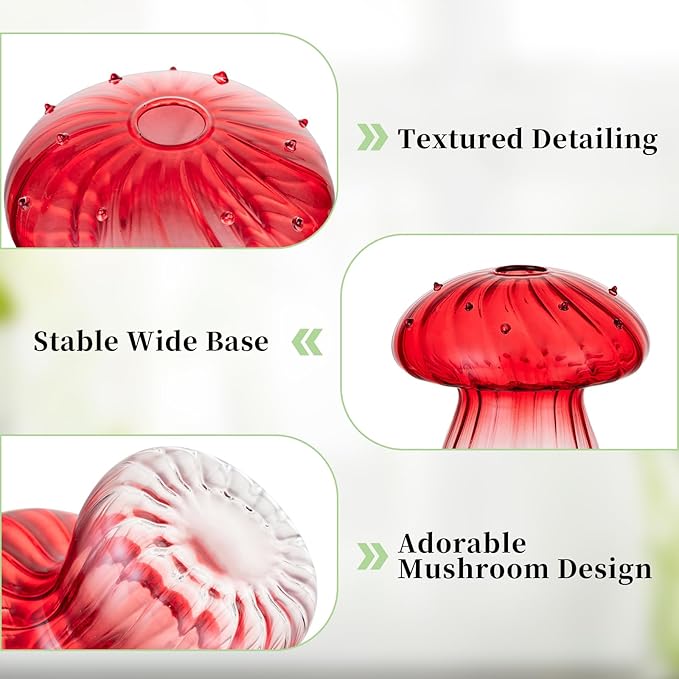 Glasseam Mushroom Plant Propagation Stations: Red Glass Terrarium Jar Set of 5 Cute Planters for Indoor Plants Decorative Propagate Station Unique Christmas Birthday Gifts for Women Home Office Decor