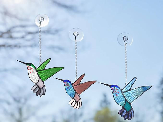 Lolitarcrafts Stained Glass Hummingbird Window Hangings with Flowers, Bird Stained Glass Suncatcher for Window Decor Hummingbird Gifts for Mom,Bird Lovers (Blue B)