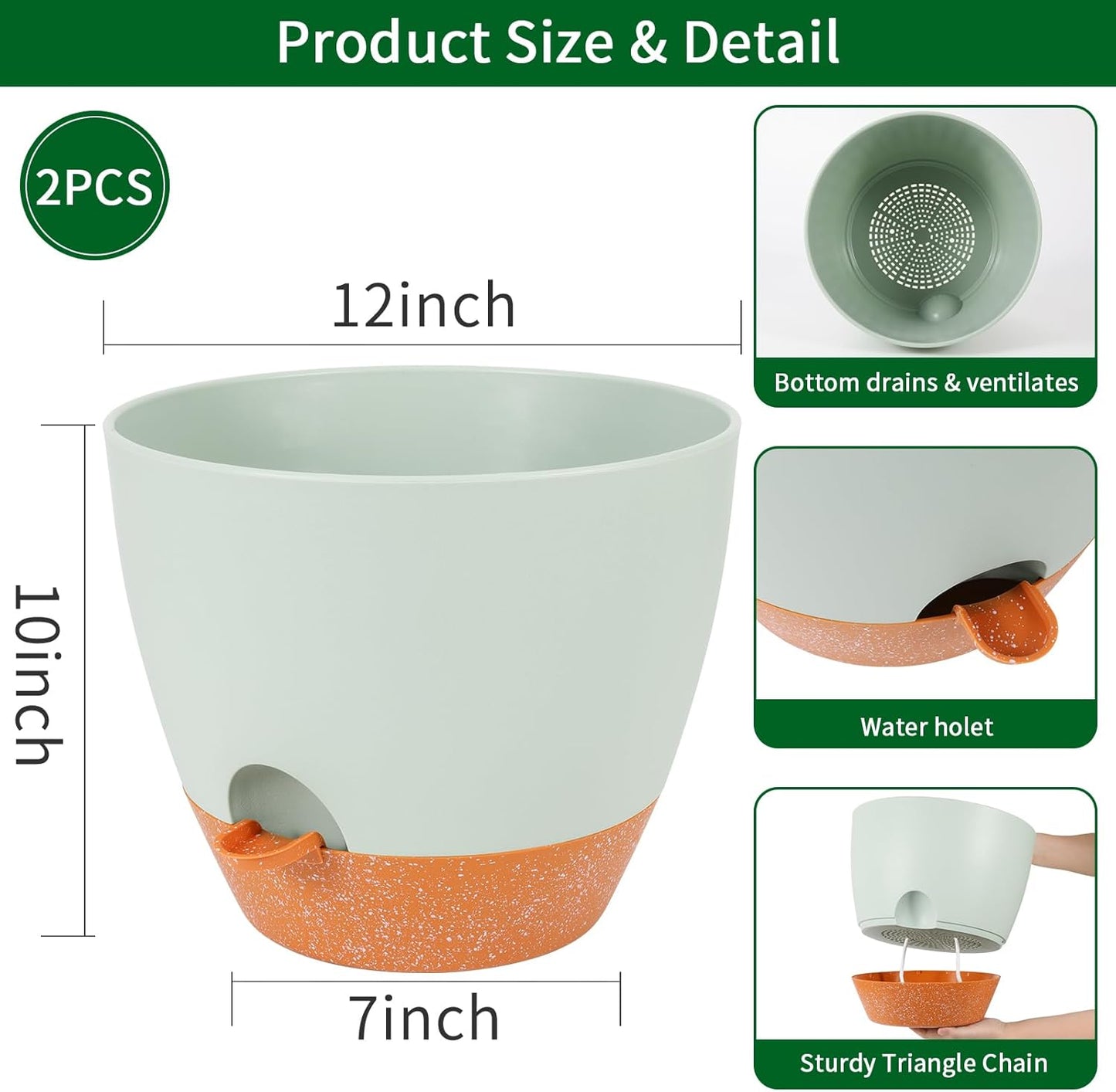 GARDIFE 12 inch planters, Plant Pots,Self Watering Pots, 2 Pack Large Plastic Flower pots with Deep Reservior and High Drainage Holes for Indoor Outdoor Plants and Flowers, Green